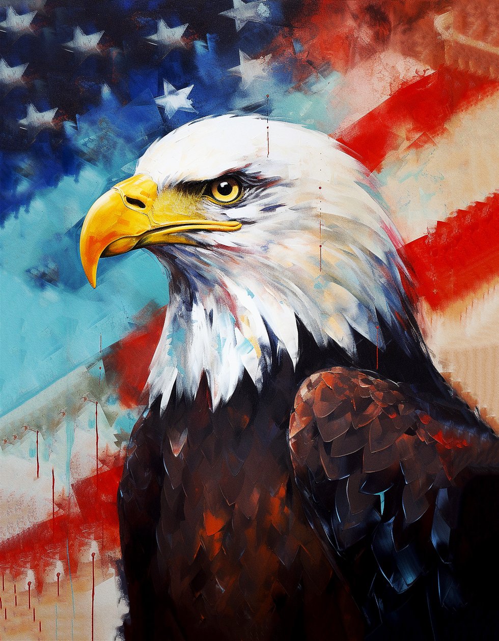 Amerikkalainen kotka, USA:n lippu taustalla, öljymaalaus, huoneen sisustus, seinätaideprinttejä tekijältä F. Abderrahim