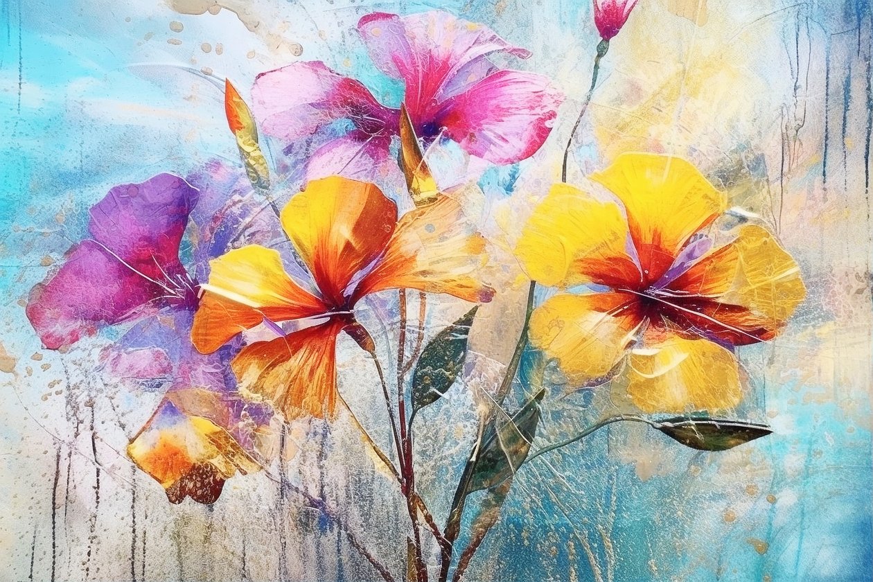 Kauniit kukat tausta, AI luotu öljy Floral Art maalaus tekijältä F. Abderrahim