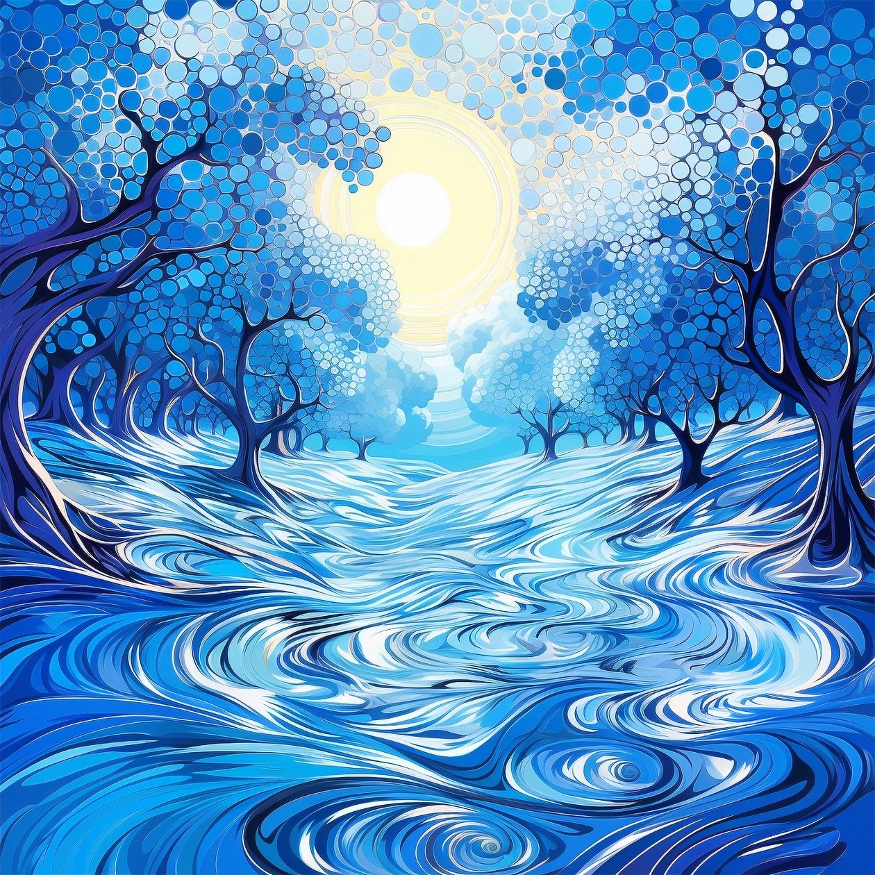 Sininen Surreal Tree Painting, Modern Wall Decor, metsä seinä Art Tulosteet tekijältä F. Abderrahim