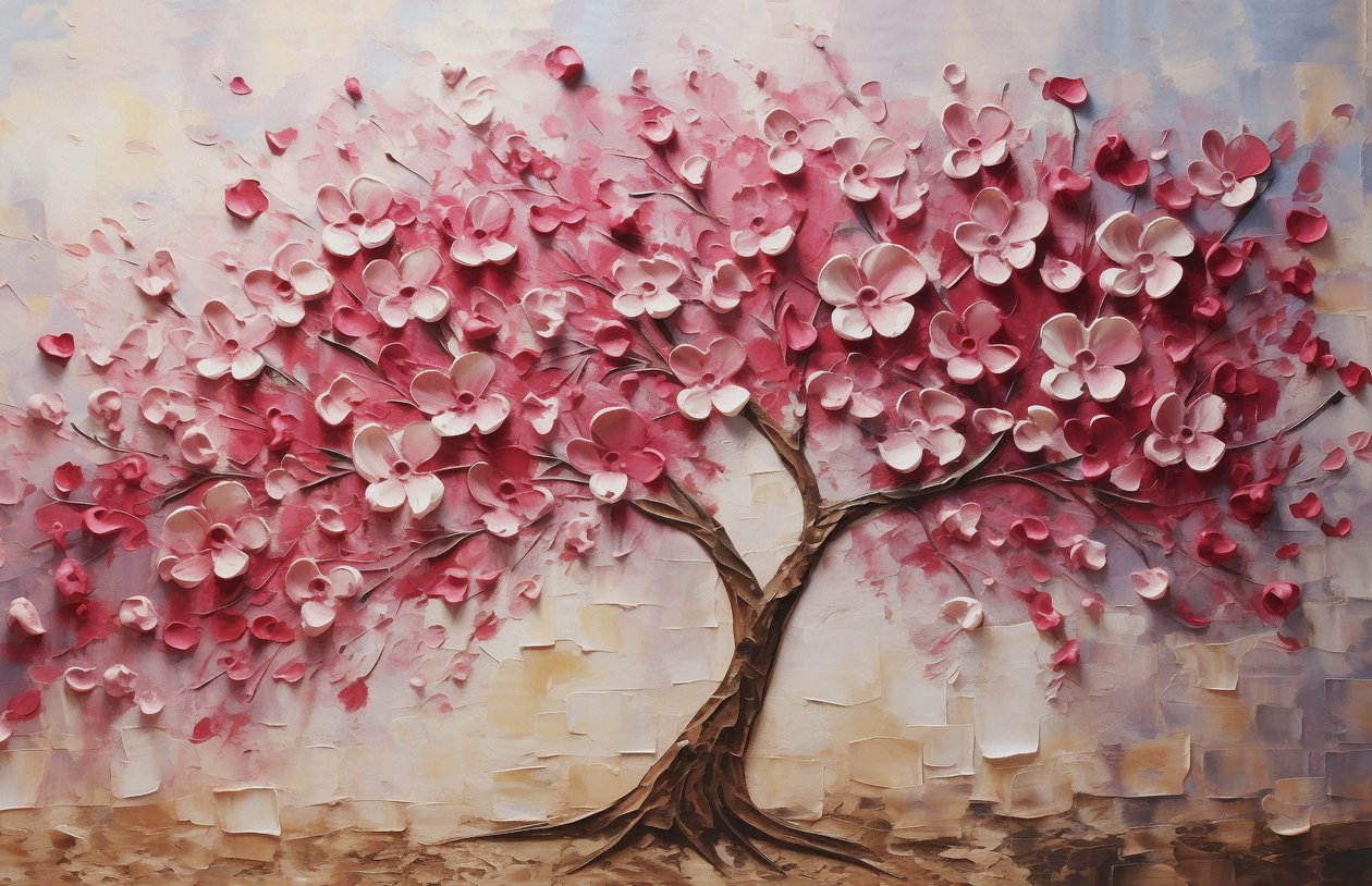 Ruskea Floral Harmony: Kukkivan puun öljymaalaus, seinätaidetulosteet. tekijältä F. Abderrahim