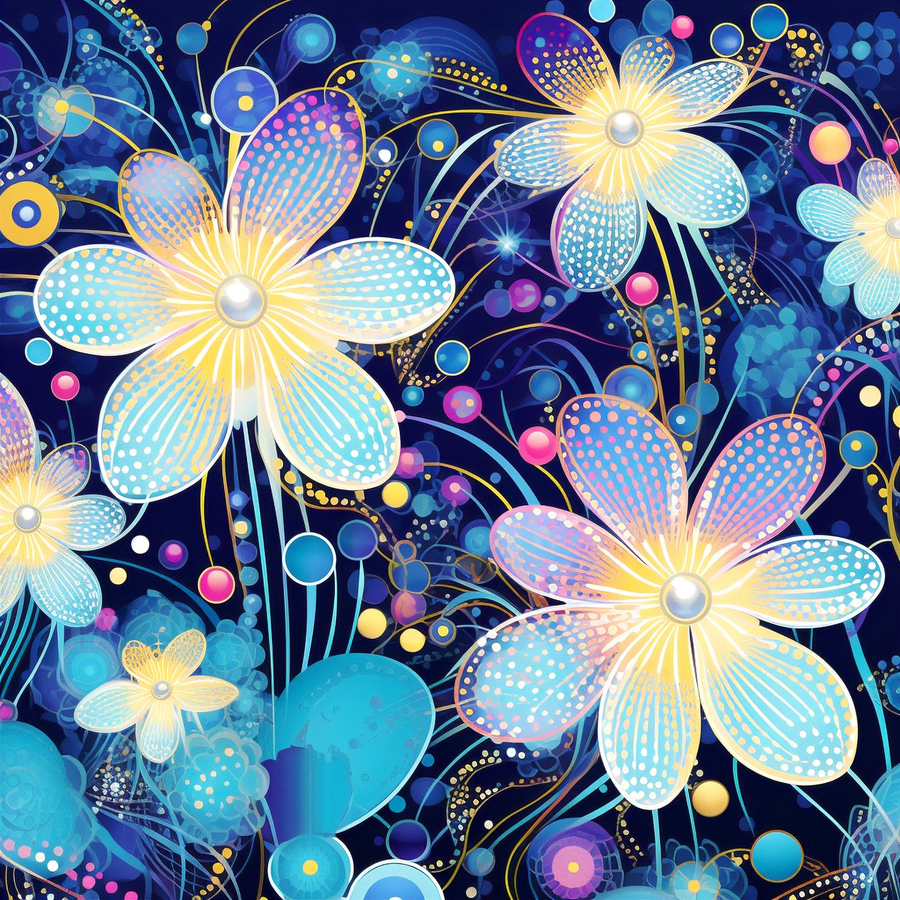 Kukkakuvio kuvio sininen, Yayoi Kusama tyyli, taidepainatuksia verkossa tekijältä F. Abderrahim