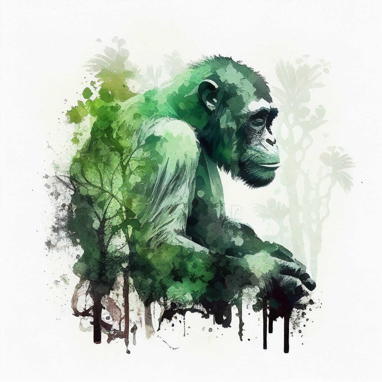 Jungle Monkey, simpanssi, Double exposure akvarellimaalaus, taide tulostaa tekijältä F. Abderrahim
