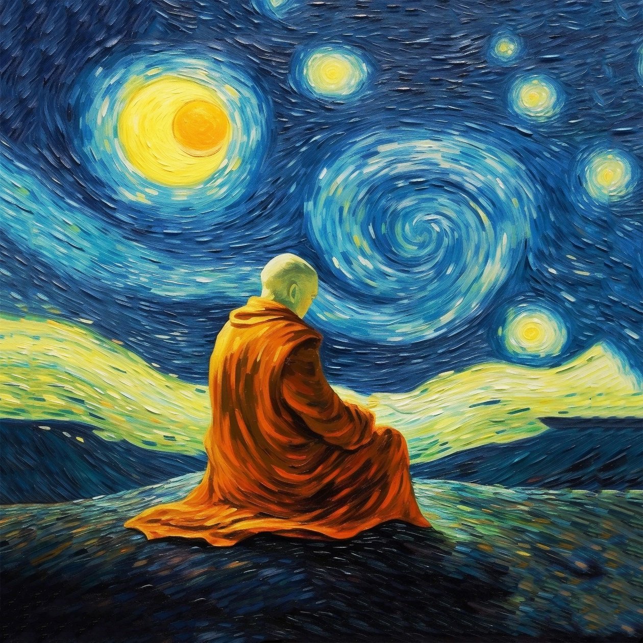 Mies meditaatiossa, Van Gogh maalauksia tyyli, jooga pose tulosteet, seinä Art tulosteet tekijältä F. Abderrahim