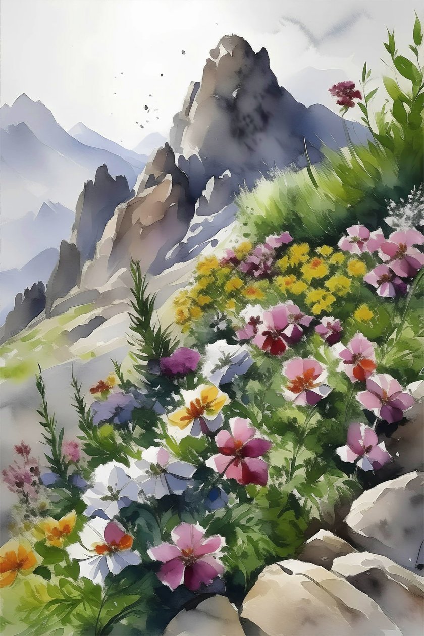 Mountain Summit Flowers, kasvitieteellinen  Natural Scene Wall Art tulosteet tekijältä F. Abderrahim