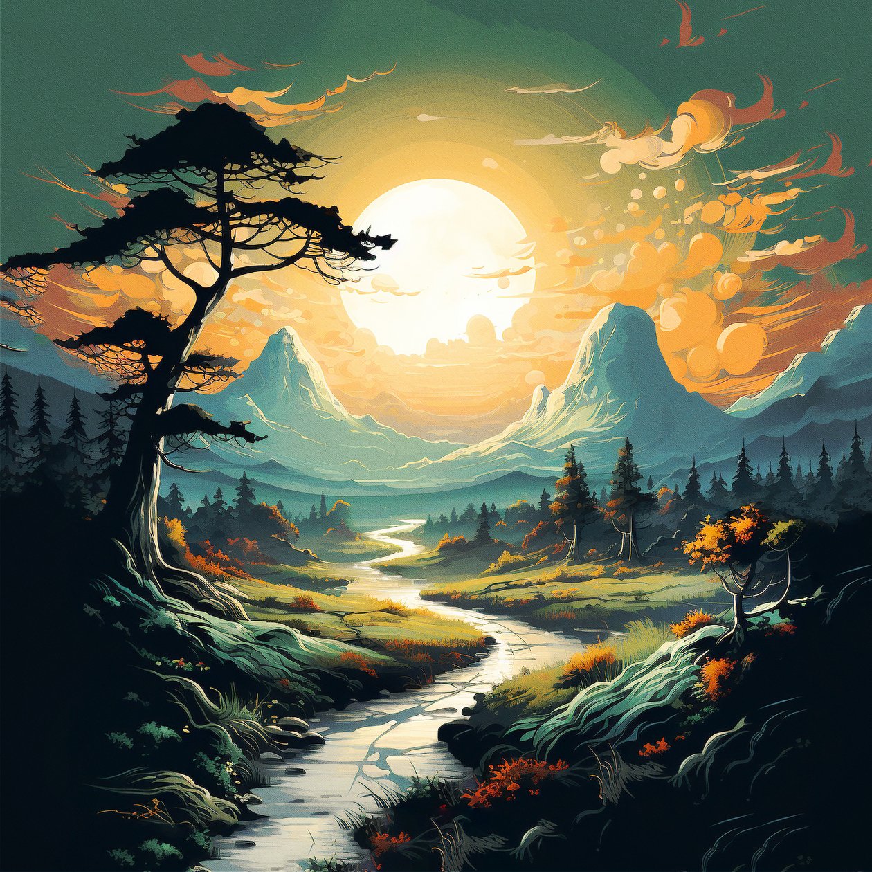 Vuori jokimaisema auringonnousu, kankaalle  Wall art tulostaa verkossa tekijältä F. Abderrahim
