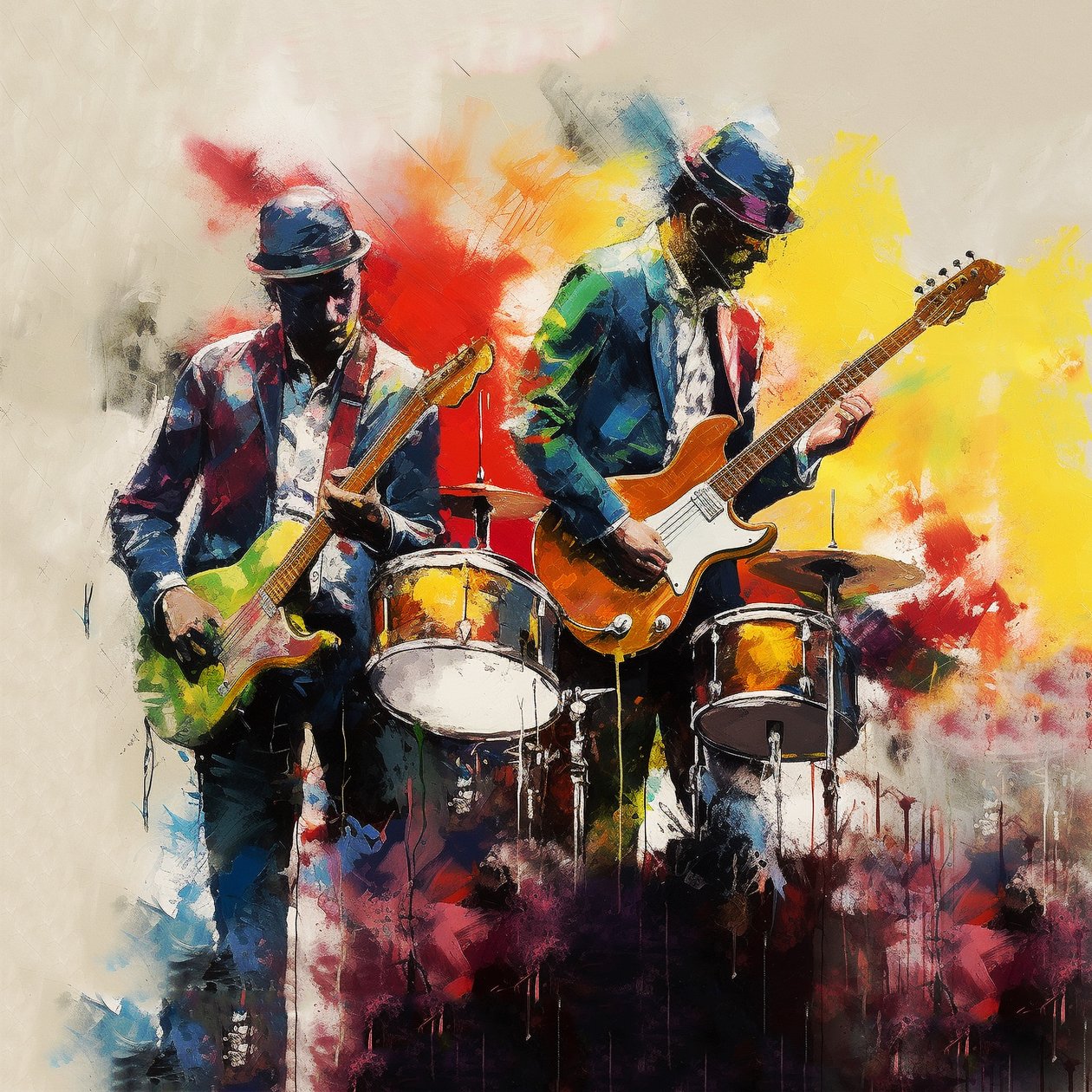 Rock  jazz muusikko bändi soittaa kitaraa, sivellinmaalaus, seinätaide tulosteita tekijältä F. Abderrahim