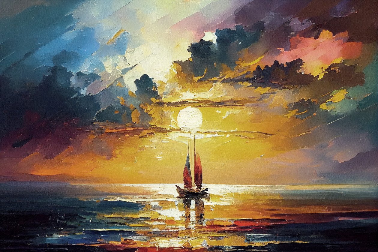 Sailing Boat Seascape, Orange Sunset on Canvas, seinäkoriste ideoita, taide tulostaa tekijältä F. Abderrahim
