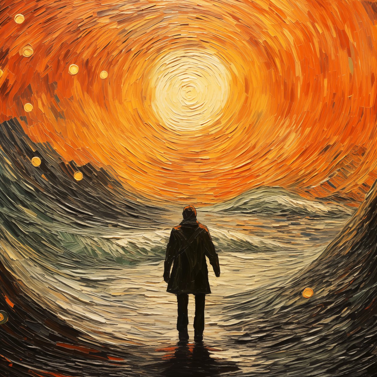 Surrealistinen kohtaus, mies meren aalloilla, Vincent van Goghin impressionistinen tyyli tekijältä F. Abderrahim