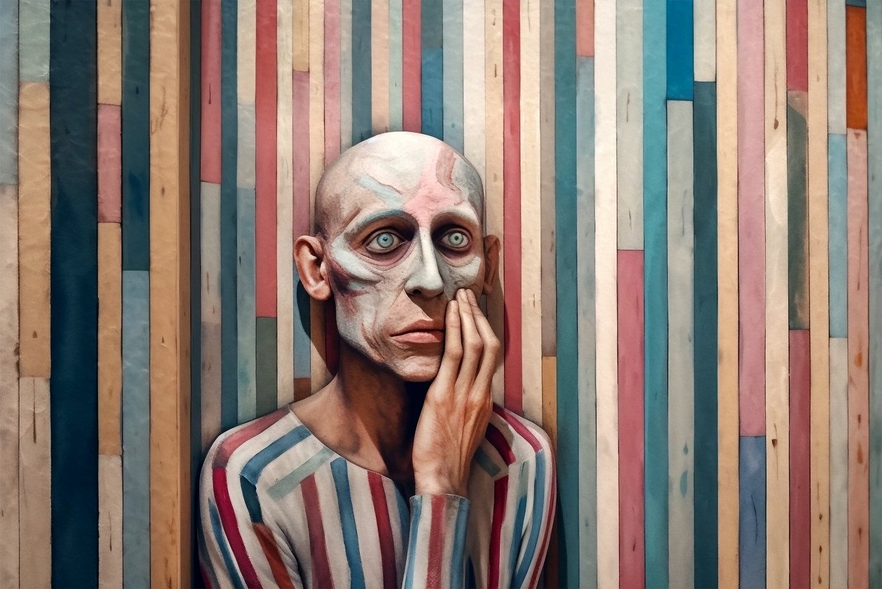 Surrealistinen maalaus surullisesta miehestä Giorgio de Chiricon innoittamana, taide tulosteita tekijältä F. Abderrahim