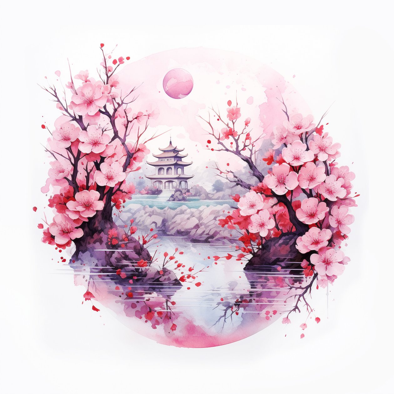 Perinteinen japanilainen kotipuutarha, joogajulisteita, meditaatioseinäkuvia tekijältä F. Abderrahim