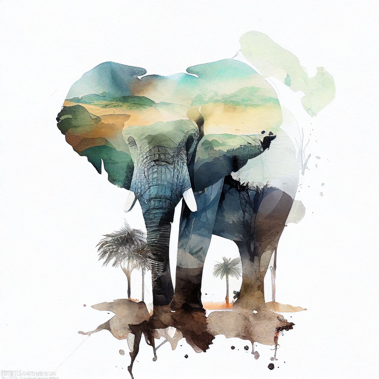 Akvarelli elefanttimaalaus, afrikkalainen savanna, neliömäinen seinä Taidevedoksia tekijältä F. Abderrahim