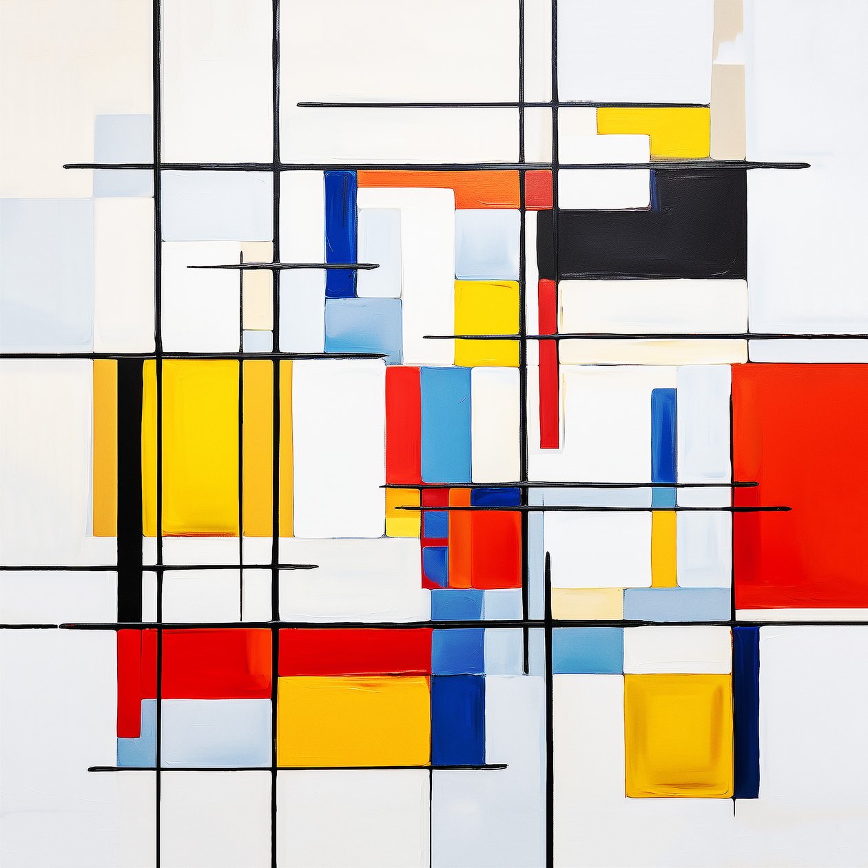 abstrakti Piet Mondrian maalaus tyyli, olohuoneen seinän sisustus idea tekijältä F. Abderrahim