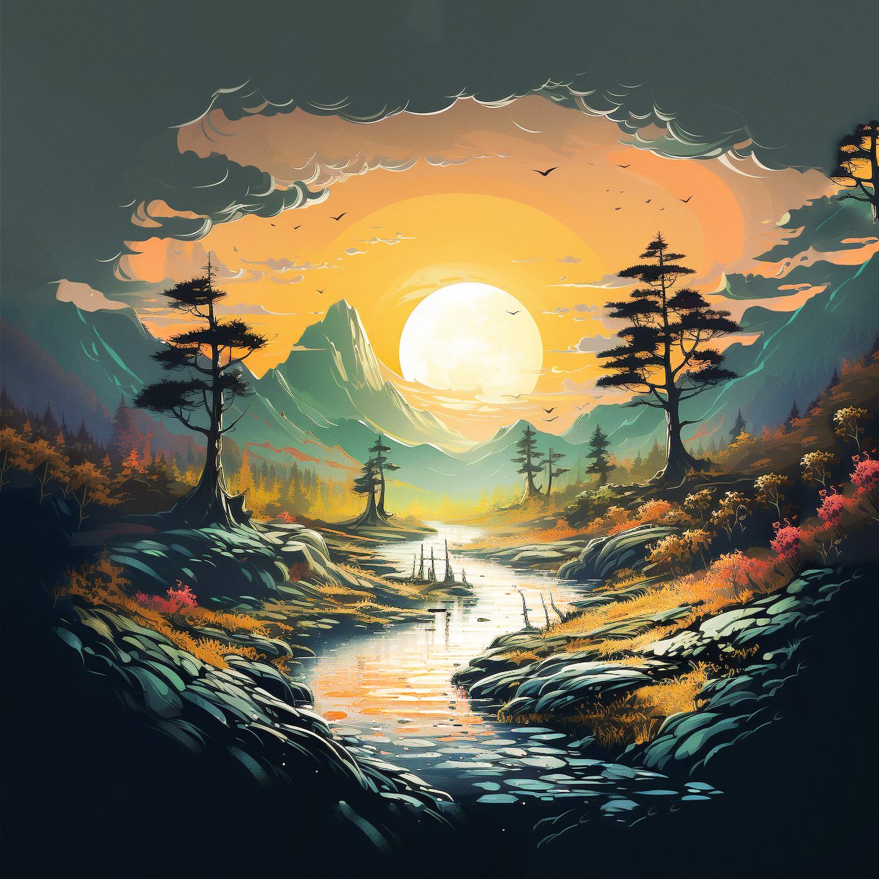 fantasia vuoret auringonlasku maisema luonto digitaalinen piirustus , Wall Art | Canvas Prints tekijältä F. Abderrahim