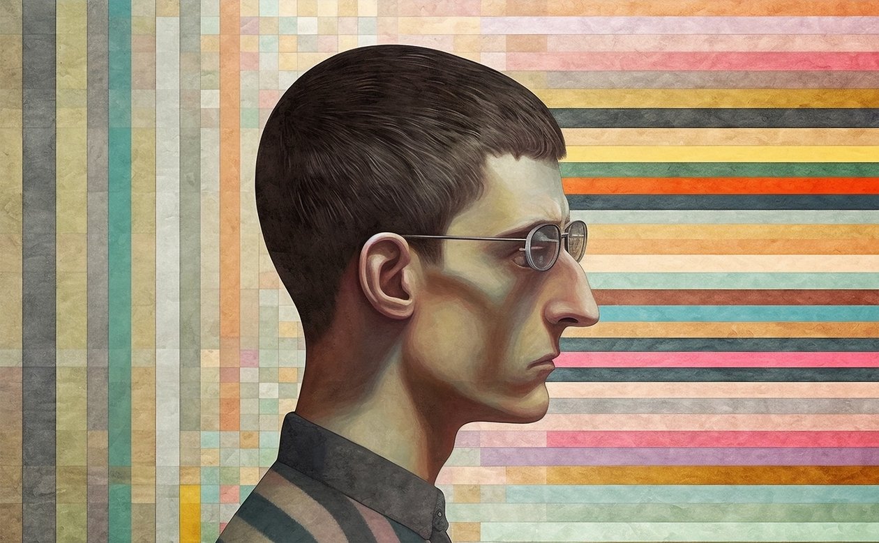 älyllinen mies Giorgio de Chiricon innoittamana, surrealismi muotokuva maalaus tekijältä F. Abderrahim