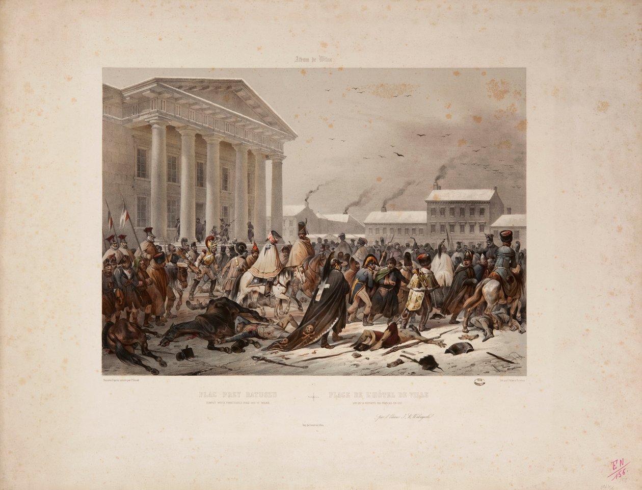 Perääntyvä ranskalainen armeija Vilnan Raatihuoneen aukiolla, kaiverrettu Victor Adam (1801-66) ja Louis Pierre Alphonse Bichebois (1801-50) 1812 tekijältä F. Daniel