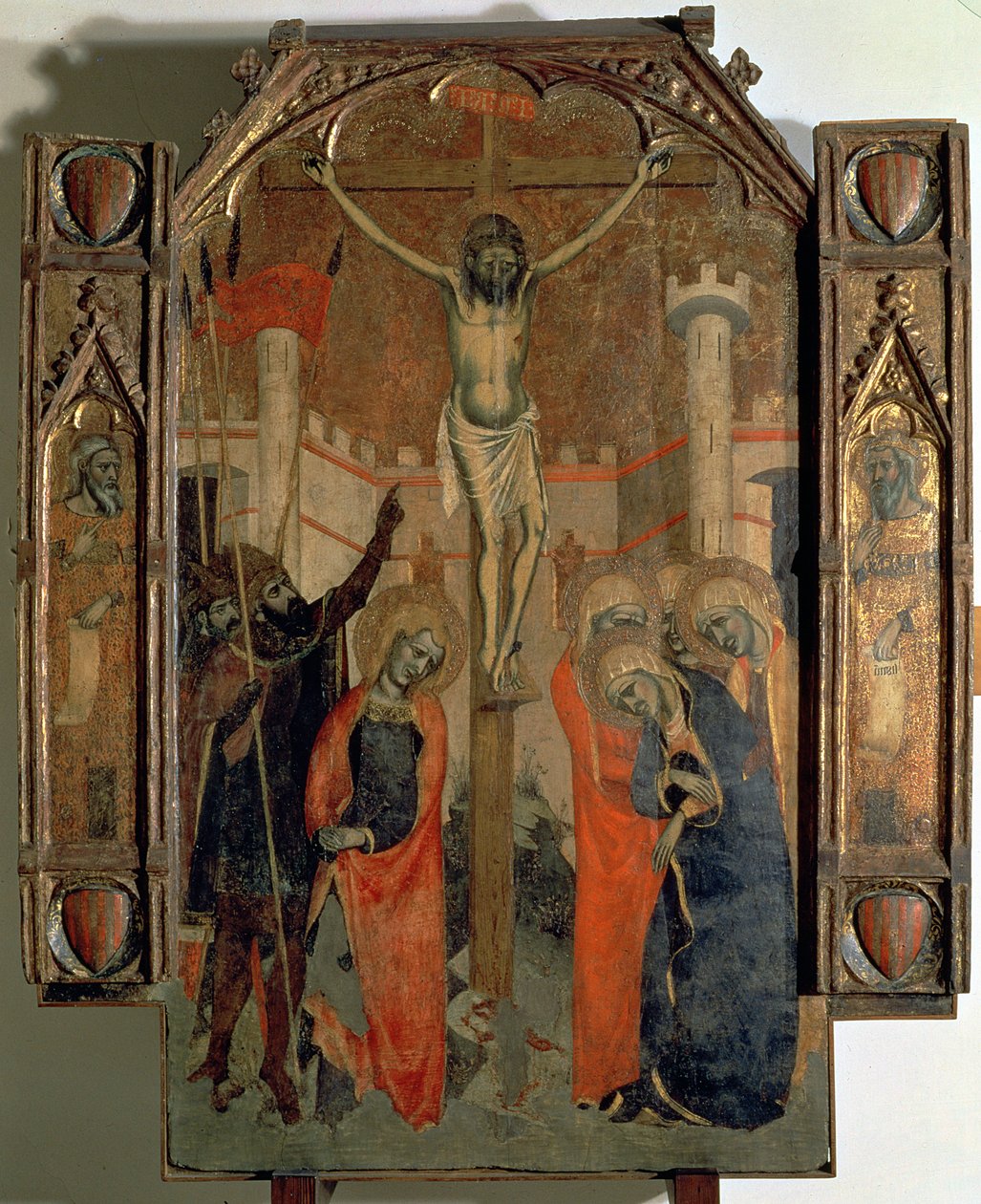 Ristiinnaulitseminen, Almudainan suuren alttaritaulun keskipaneelin yläosa, valmistunut vuonna 1358 (tempera paneelissa) tekijältä F. Bassa and R. Destorrents