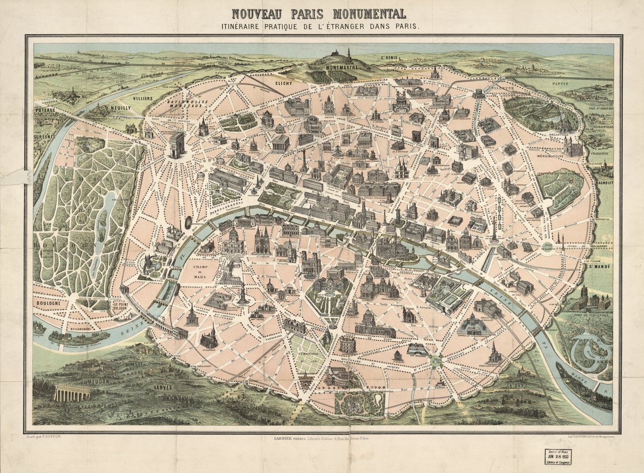 Valitut rakennukset kuvattuna. Lintuperspektiivi. LC-kopio kiinnitetty kankaalle. Saatavilla myös Library of Congress -verkkosivuston kautta rasterikuvana tekijältä F.; Garnier Frères; Dufrénoy Dufour