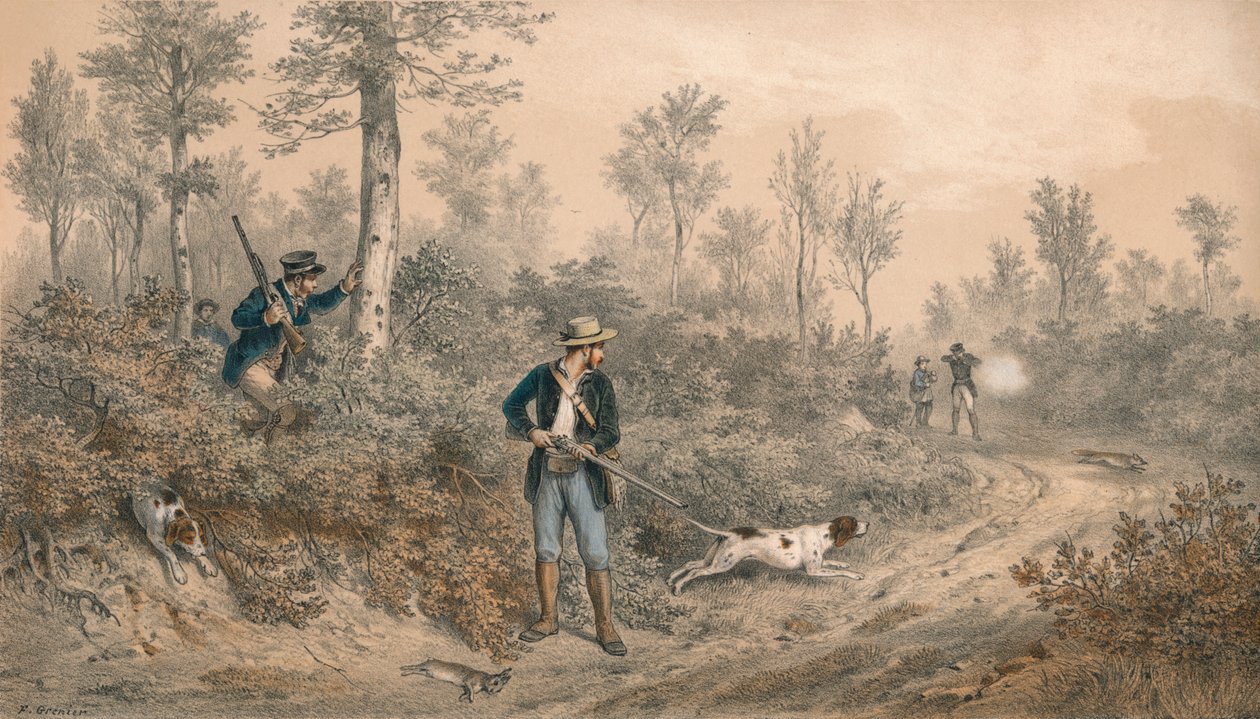 "Chasses a Tir, Battue en Forêt", 1800-luvun puoliväli. tekijältä F Grenier