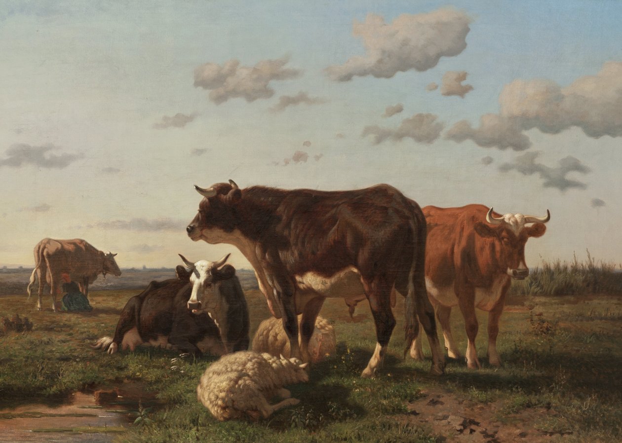 Nautaa ja lampaita maisemassa, 1850 tekijältä F. Jurnet