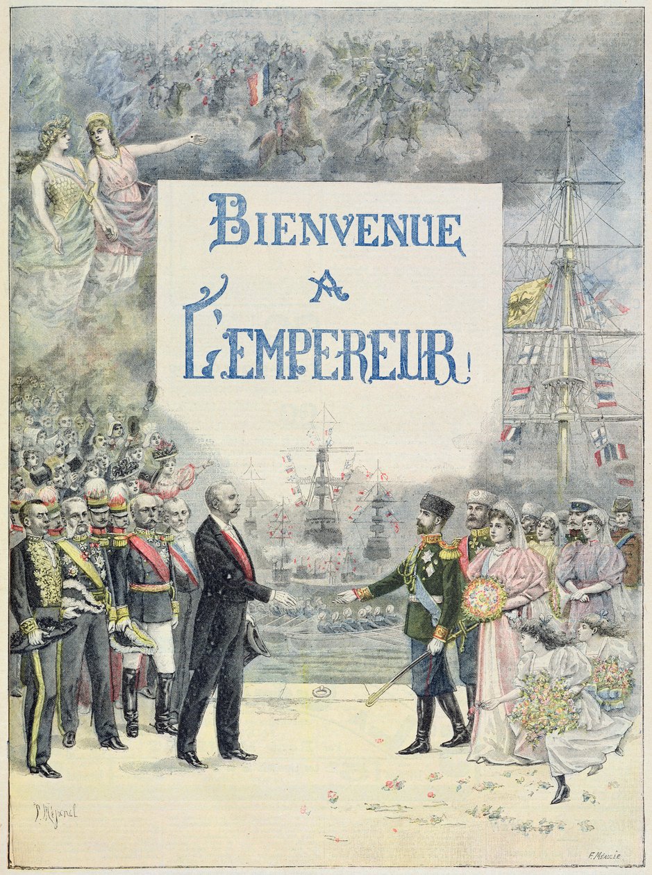 Tervetuloa Venäjän keisariin ja keisarinnaan, kuva Le Petit Journalin kuvitetusta liitteestä, 4. lokakuuta 1896 (värilitho) tekijältä F. L. and L. Royer Meaulle