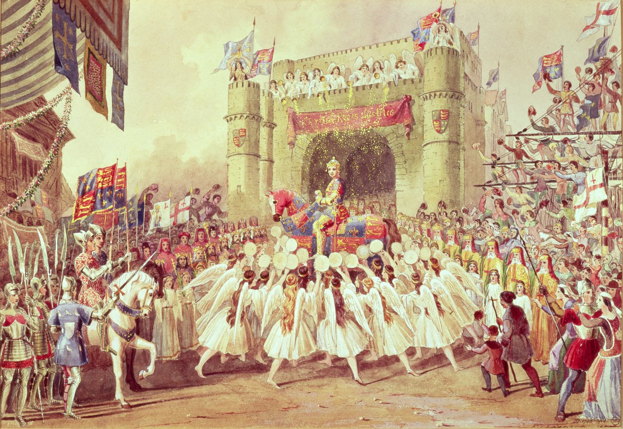 "The Shower of Gold", kohtaus Charles Keanin tuotannosta Henry V, Princess Theatre, 1859 tekijältä F. Lloyds