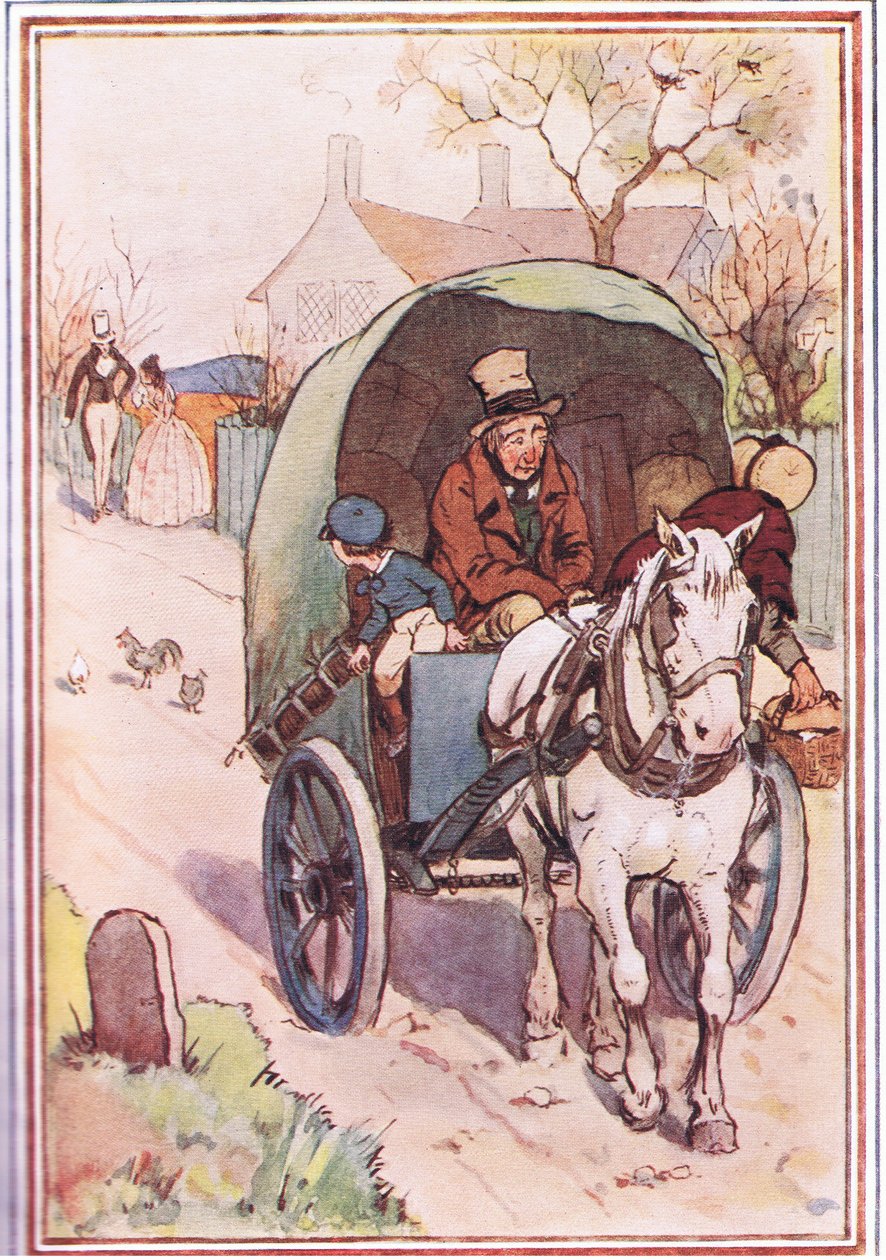 Kun he olivat muuttamassa pois, hänen äitinsä juoksi ulos portista, kuva David Copperfieldistä, 1914 tekijältä F. M. B. Blaikie