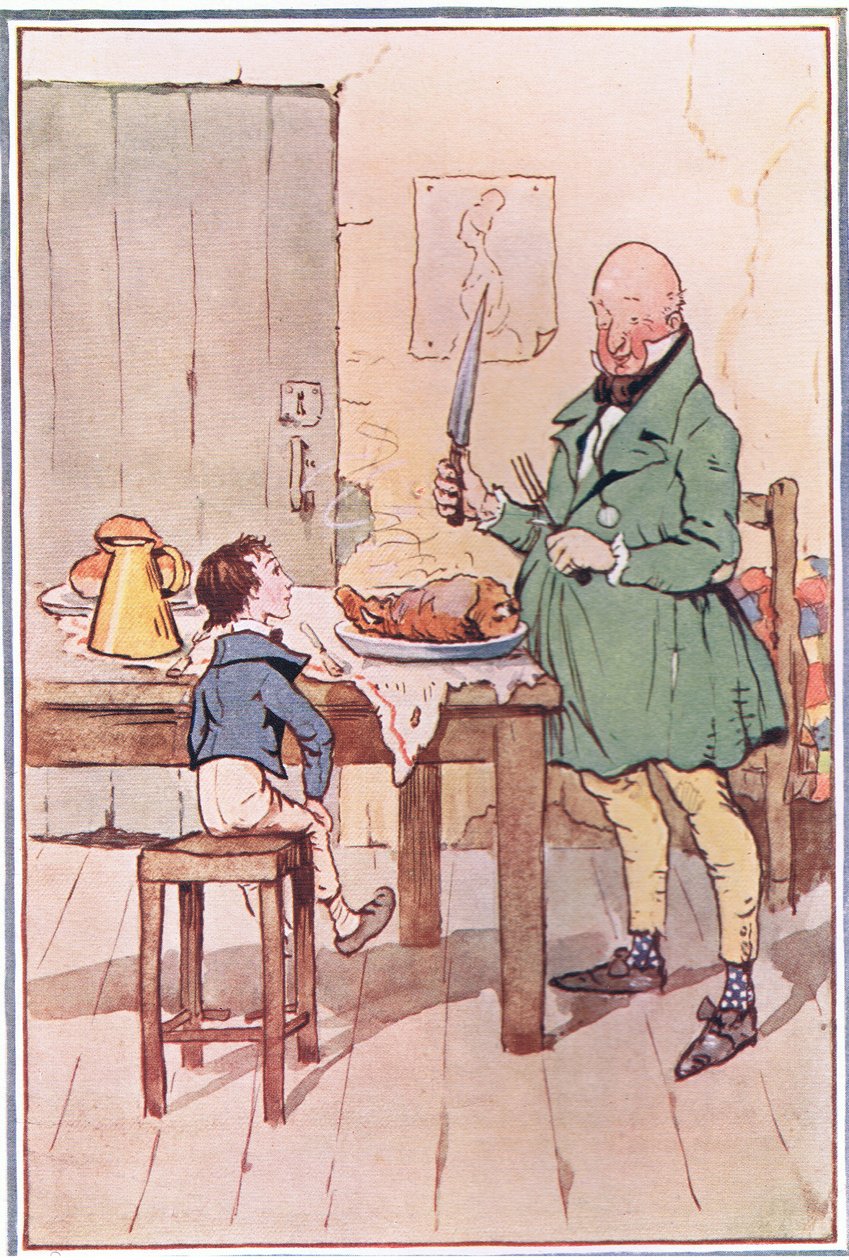David ruokasi herra MiCawberin kanssa vankilassa, kuva David Copperfieldistä, 1914 tekijältä F. M. B. Blaikie