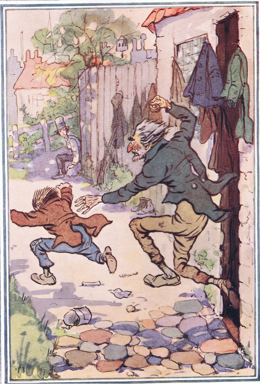 Hed ryntää ulos kaupasta heidän perässään ja lähettää heidät lentämään, kuva David Copperfieldiltä, 1914 tekijältä F. M. B. Blaikie