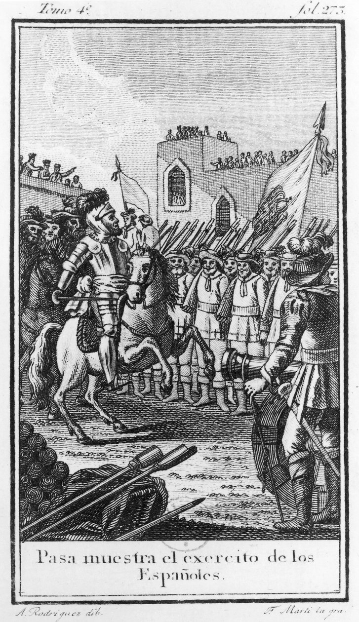 Hernando Cortes (1485-1547) arvioi joukkojaan, kaivertanut Antonio Rodriquez tekijältä F. Marti