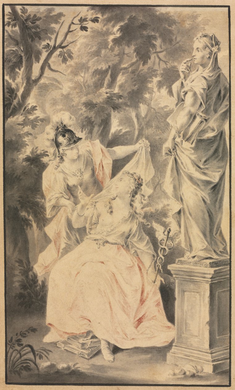 Allegorinen kohtaus: Pari patsaan edessä, 1700-luku. tekijältä F. Muller