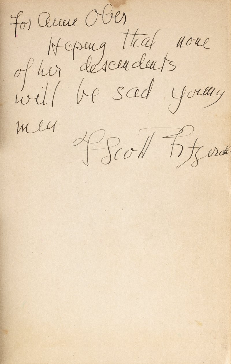 Tekijän kirjoitus "All the Sad Young Men" -kirjan ensimmäisen painoksen etusivulle tekijältä F. Scott Fitzgerald