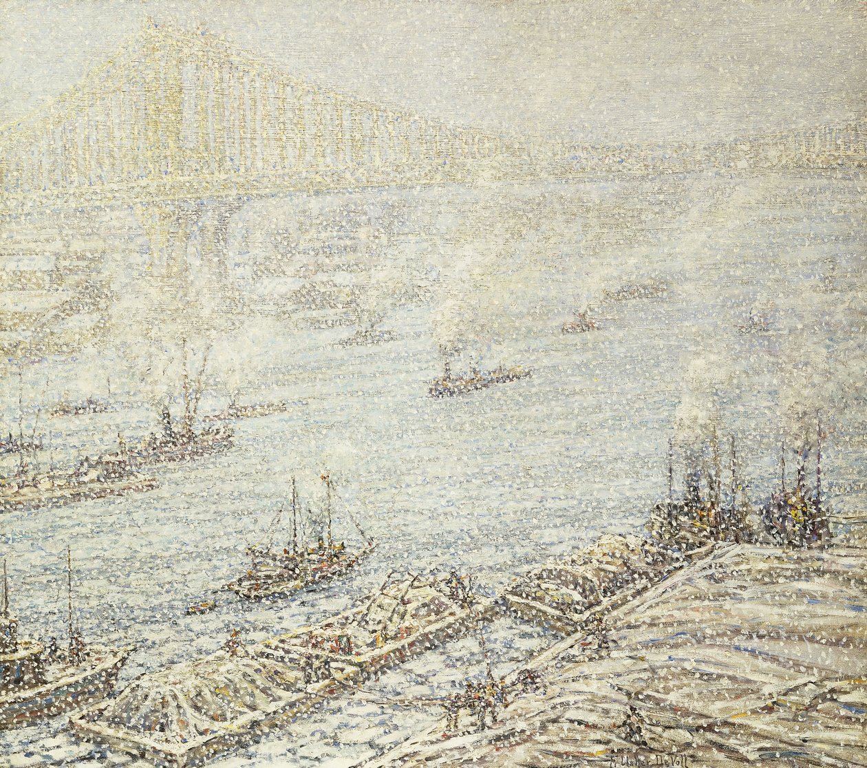 East River, New York, talvi, n. 1915 (öljy kankaalle) tekijältä F. Usher de Voll