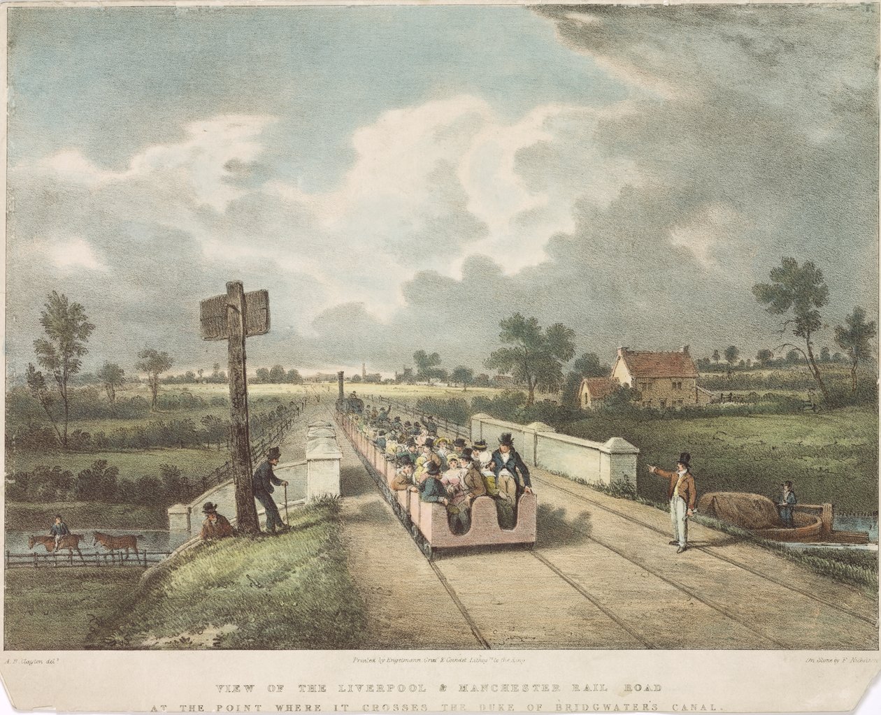 Näkymä Liverpoolin ja Manchesterin rautatielle kohdassa, jossa se ylittää Duke of Bridgewatersin kanavan, kaiverrus A.B. Clayton, 1831 tekijältä F. after Nicholson