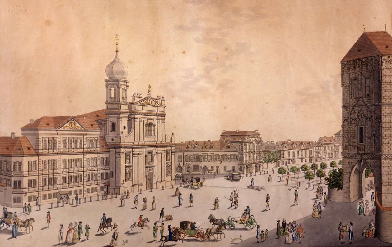 Hybern Square, Praha (värillinen etsaus ja kuparikaiverrus) tekijältä F. and Heger, P. Heger
