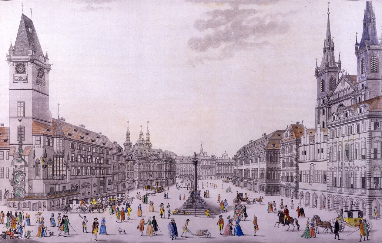 Vanhankaupungin aukio, Praha (värillinen etsaus ja kuparikaiverrus) tekijältä F. and Heger, P. Heger