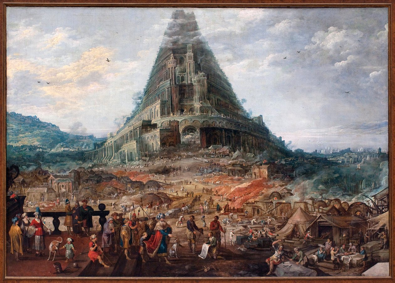 Baabelin torni. Joos de Momper II:n (1564-1635) maalaus, Frans Francken II:n (1581-1642) hahmot, öljy puulle. Flanderin taidetta 1600-luvulta. Belgian kuninkaallinen taidemuseo, Bryssel. tekijältä F. and Momper J. Francken