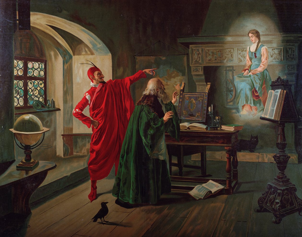 Marguerite, Faust ja Mephisto kohtaus Charles Gounodin (1818-1893) Faustista n. 1900 tekijältä Fabio Cipolla
