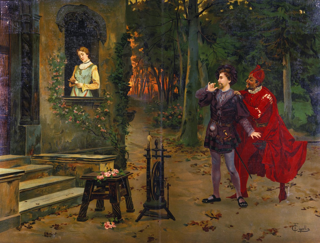 Tapaaminen Margueriten kanssa. Mefisto (Mefistofeles). Kuvitus "" Faustista", Charles Gounodin (1818 - 1893) ooppera. F. Cipollan kromolitografia. tekijältä Fabio Cipolla