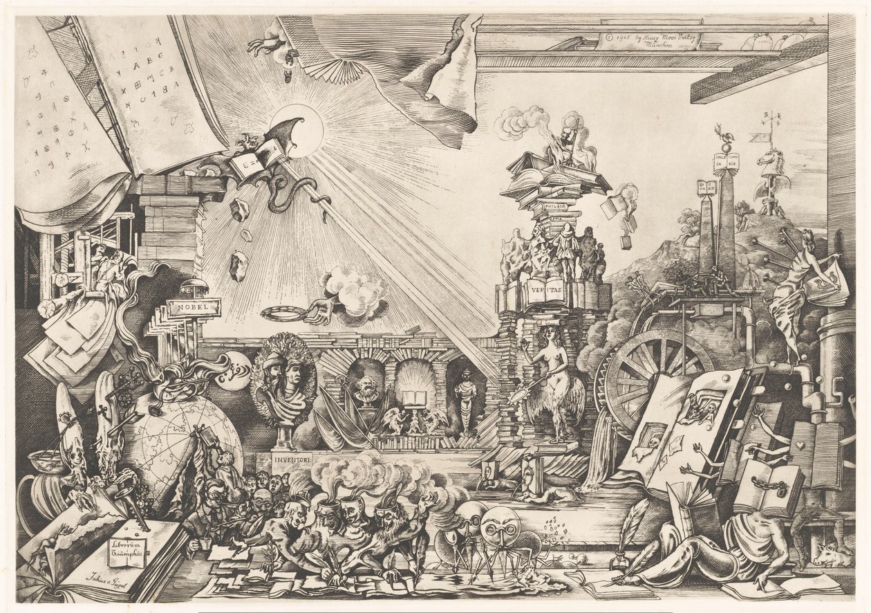 Surrealistinen suoritus Librorum Triumphus (otsikko esineessä) tekijältä Fabius von Gugel (signed by artist)