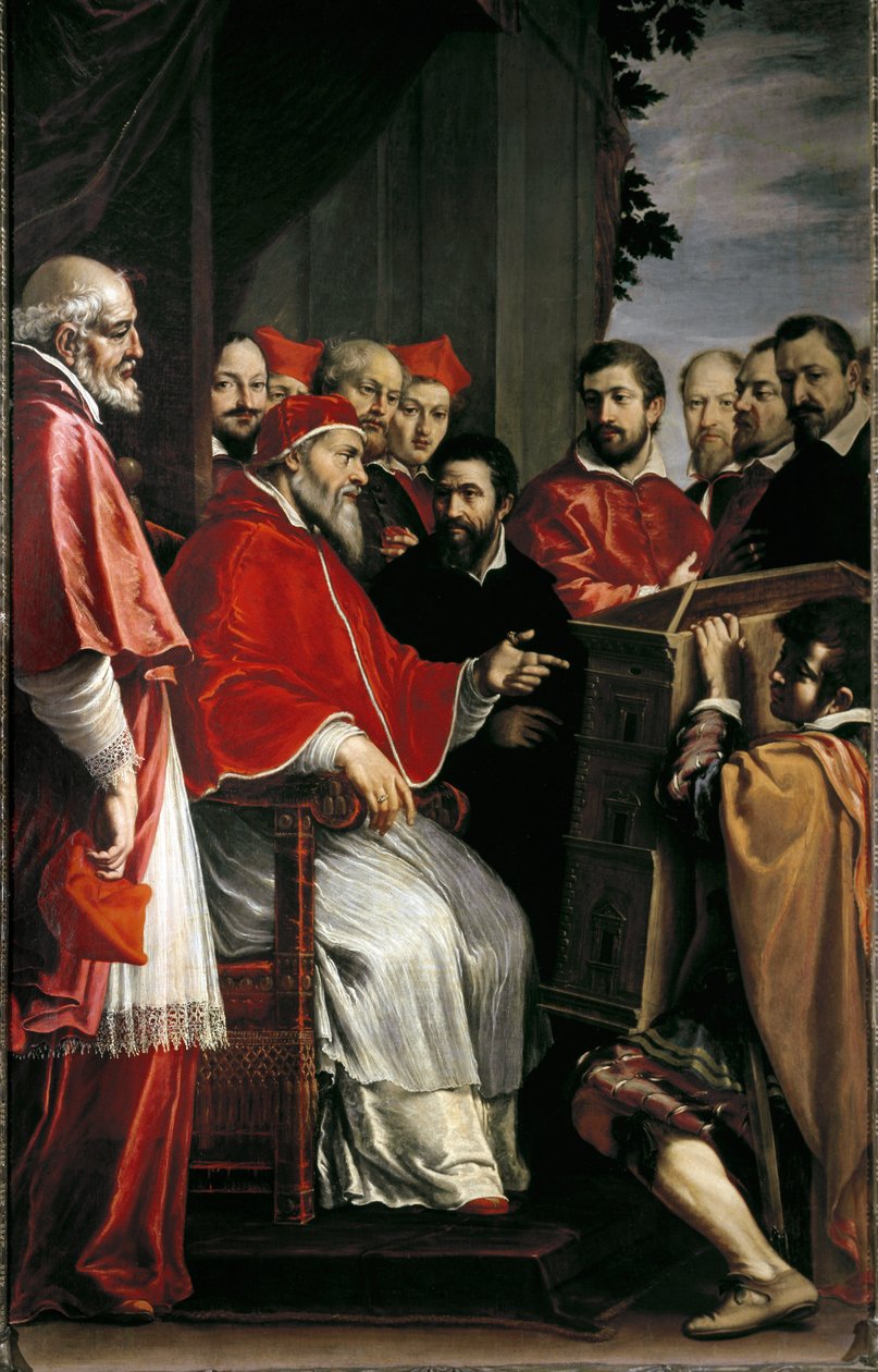 Michelangelo esittelee paavi Julius III:lle mallia Rotan hovista Giulia-kadulla tekijältä Fabrizio Boschi