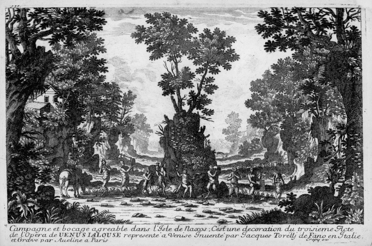 Kuvitus Francesco Sacratin oopperan La venere jealous (Venus mustasukkainen) III näytökseen. Sisustus Jacopo Torelli tekijältä Family Aveline