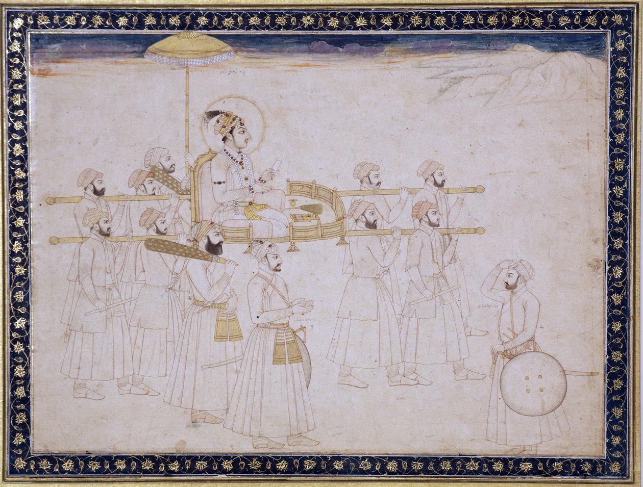 Muhammad Shah kantoi palankiinia, n. 1735 (läpinäkymätön wc ja kultaa paperilla) tekijältä Faqir ullah