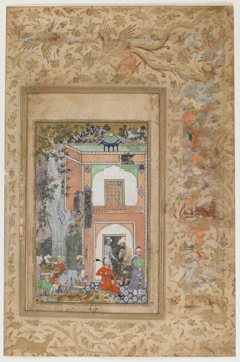 Babur viihdyttää sulttaani Ibrahim Lodin palatsissa, n. 1585 (läpinäkymätön akvarelli ja kulta paperilla) tekijältä Farrukh Beg