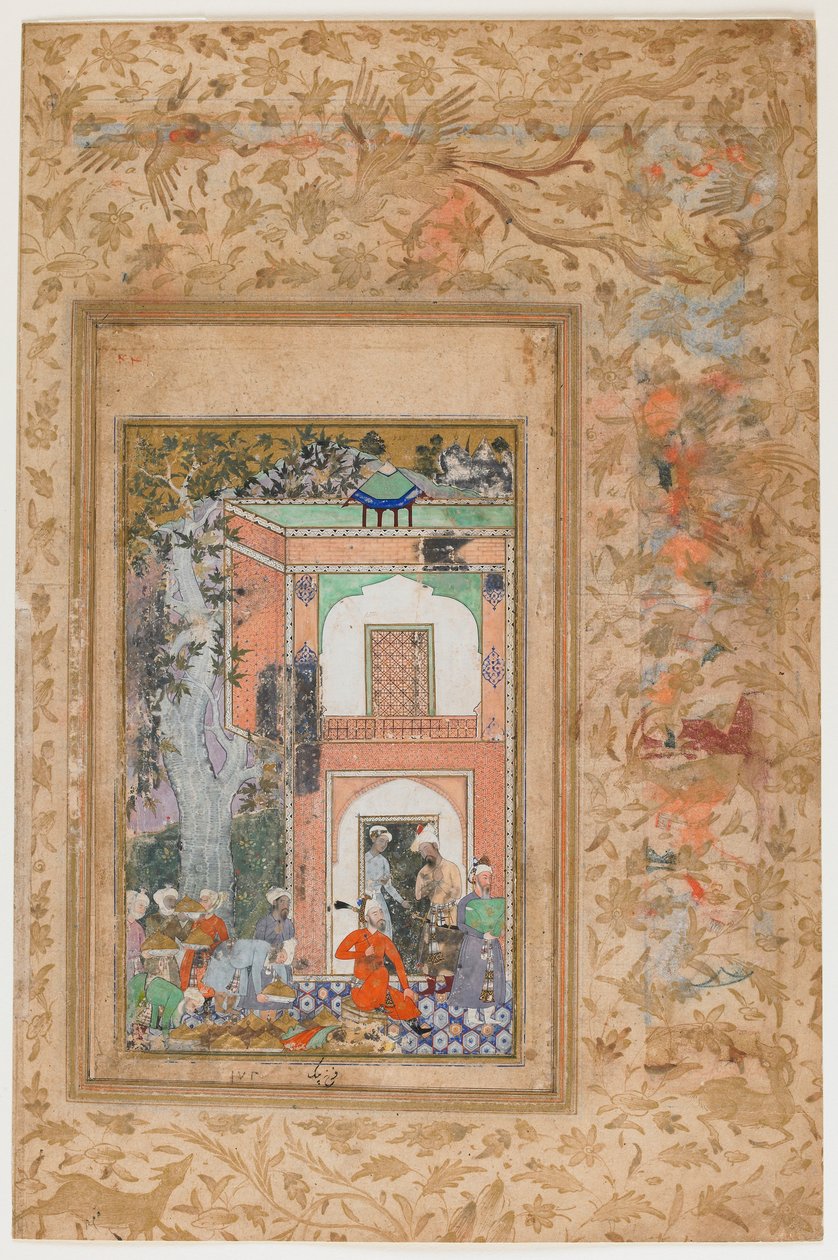 <em> Babur viihdyttää sulttaani Ibrahim Lodin palatsissa </em> <em>Baburnamasta</em> tekijältä Farrukh Beg