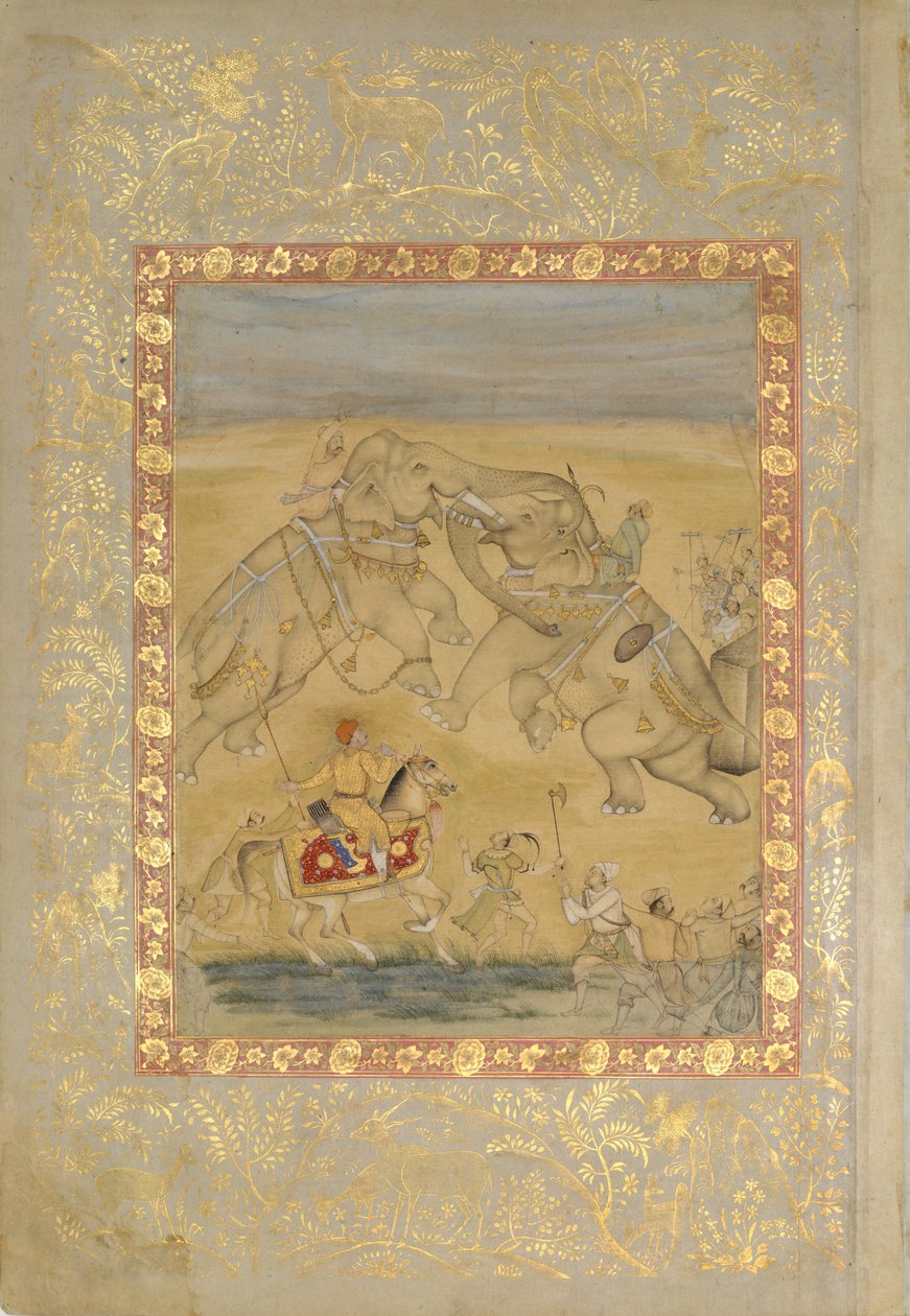 Jahangir katselemassa elefanttitaistelua, n. 1605. tekijältä Farrukh Chela