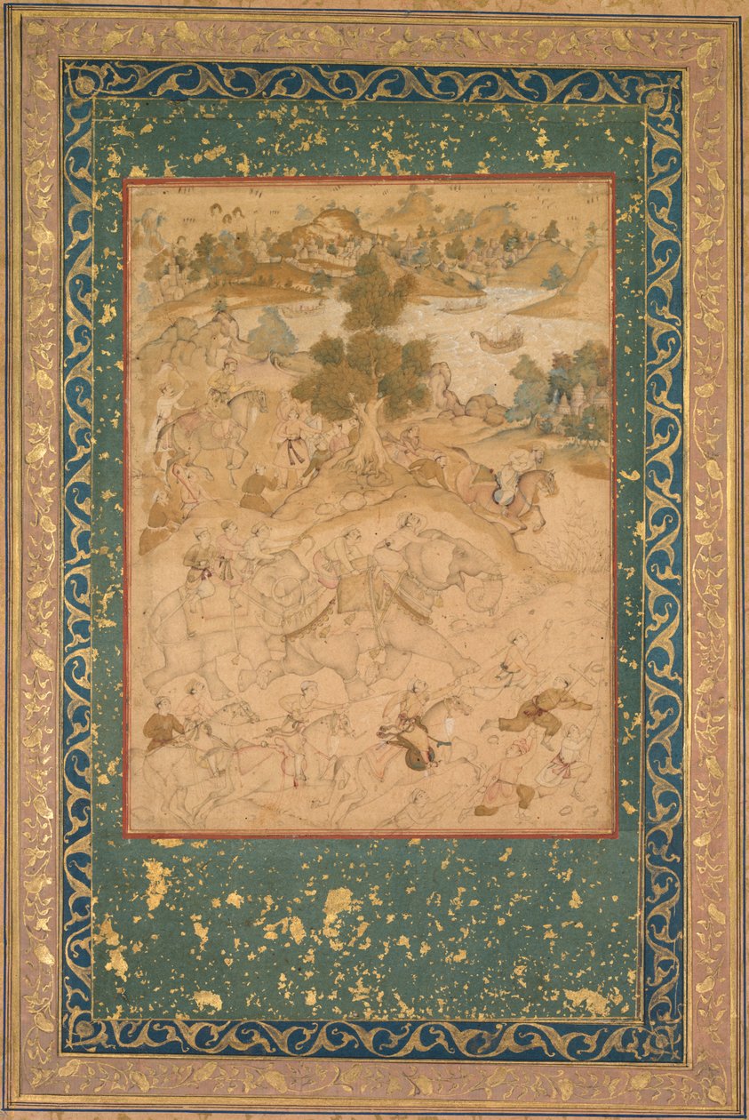 Akbar valvoo villinorsujen pyydystämistä Malwassa vuonna 1564, maalaus 90..., n. 1602-3 tekijältä Farukh Chela