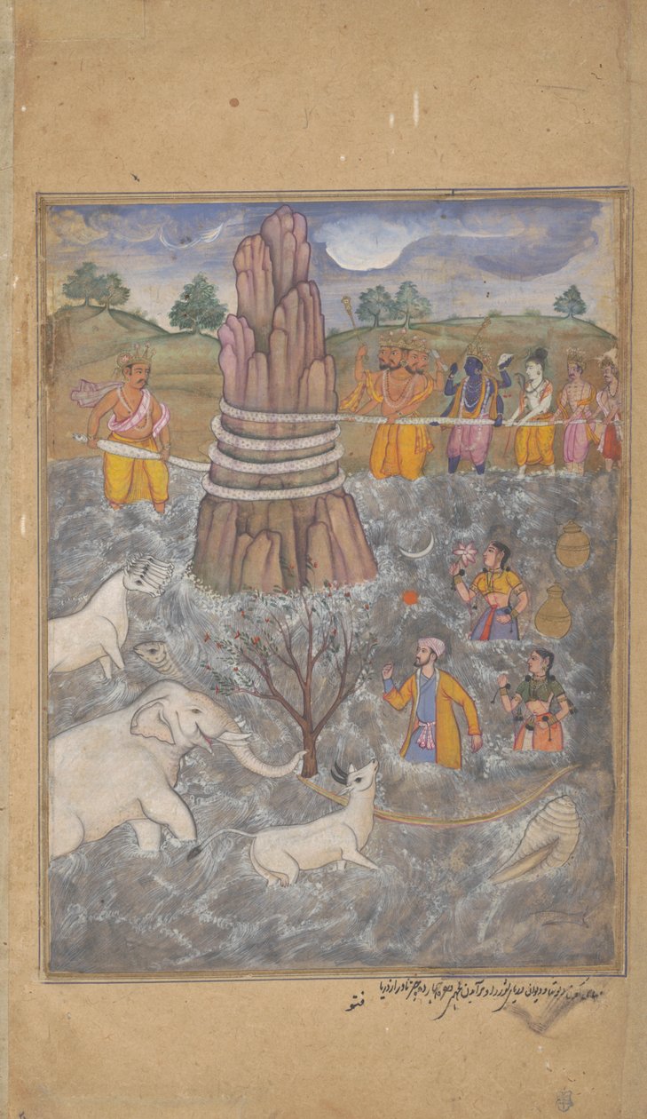 The Gods and Asuras Churn the Ocean of Milk, sivu hajallaan olevasta Razmnamasta, n. 1598-1599 tekijältä Fattu