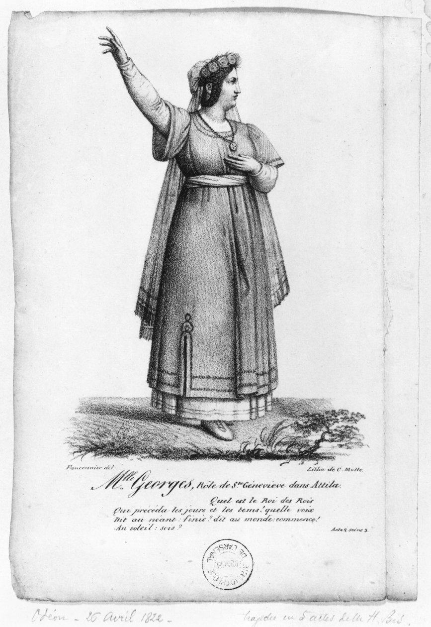Mademoiselle George St. Genevieven roolissa II näytöksestä, Pierre Corneillen (1606-84) Attila 3. kohtaus, kaiverrus Charles Etienne Pierre Motte (1785-1836) 1822 tekijältä Fauconnier