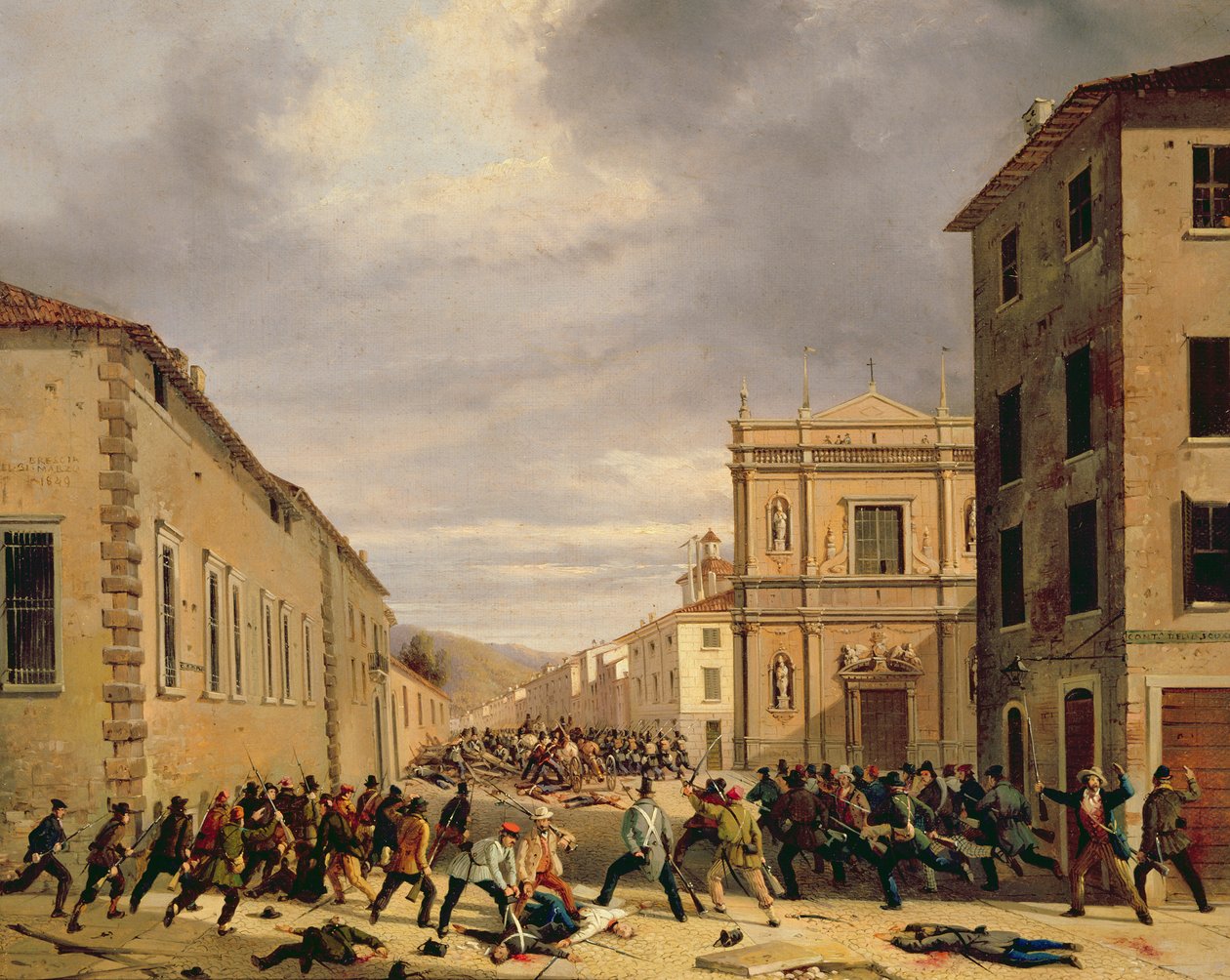 Taistelu 21. maaliskuuta 1849 Piazzetta Santa Barnaballa Bresciassa tekijältä Faustino Joli