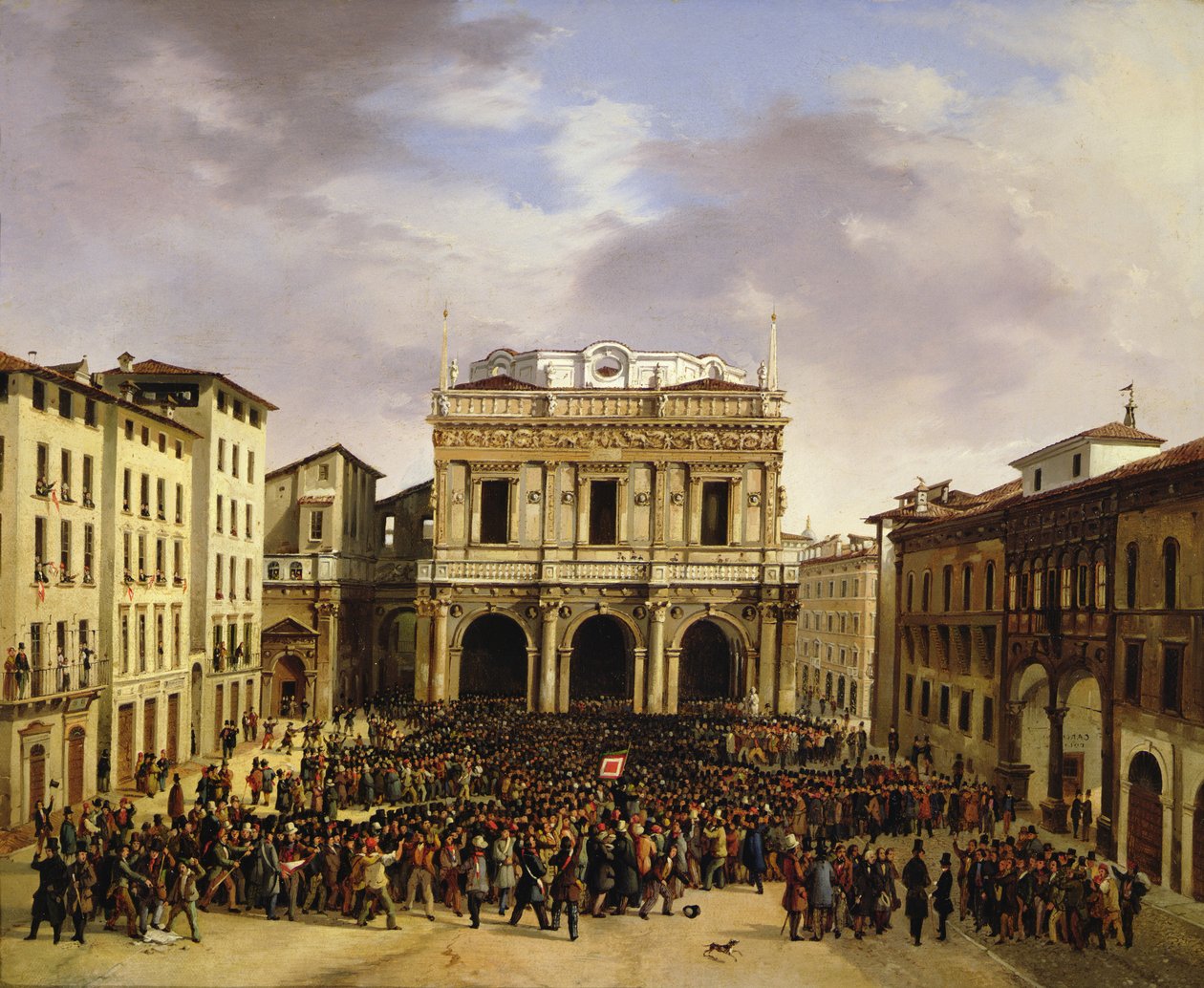 Brescian ihmiset kokoontuivat Piazza della Loggialle 23. maaliskuuta 1849 tekijältä Faustino Joli